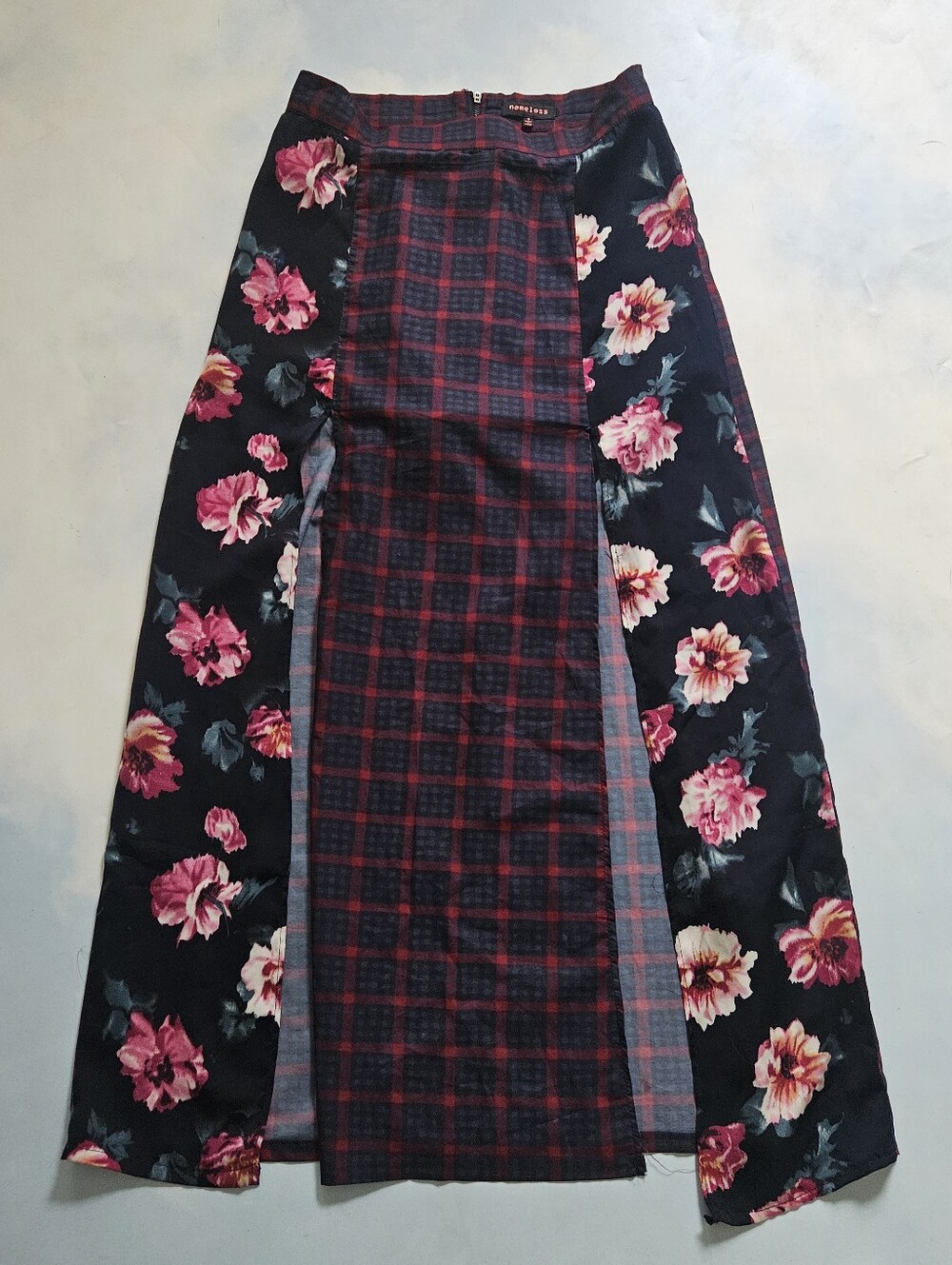 Floral & Plaid Panel Maxi Skirt - Pink on Navy